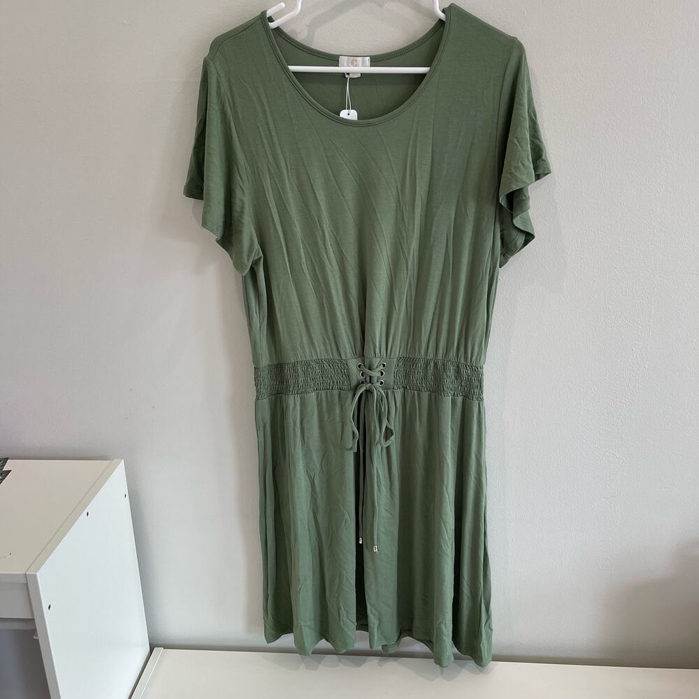 NWT Charming Charlie Women’s Large Olive Green Blouson Dress Tie Waist Stretch